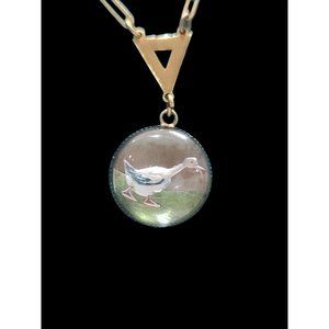 Intaglio Painted Czech Glass Necklace Duck Bird Pendant Signed